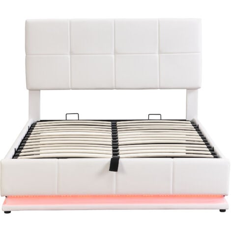 Ottoman Storage Bed with LED, PU Faux Leather Upholstered Bed Frame with Gas Lift Large Storage, 4ft6, for Bedroom Furniture, White