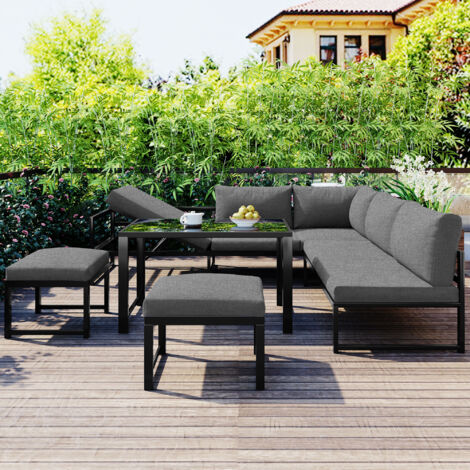 8-seater Garden Furniture Set Rattan Garden Lounge Corner Sofa Set with Coffee Table Industrial Style, Anti-UV Cushions Removable Covers, grey