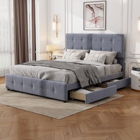 4ft6 Double Upholstered Bed with 4 Drawers, Wooden Upholstered Platform ...