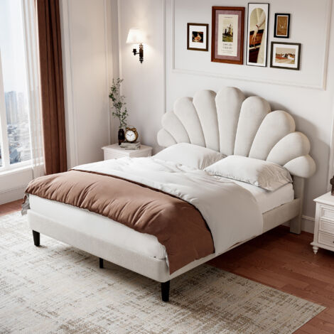 4ft6 Double Upholstered Velvet Bed Frame, with Adjustable Petal Headboard, Velvet, 135x190cm, Beige