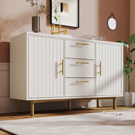 Sideboard Cabinet for Living Room, Chest of Drawers with 2 doors and 3 drawers, Adjustable shelf, White, 40D x 120W x 75H cm