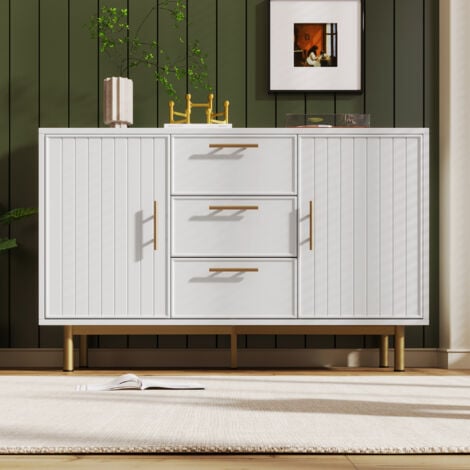 Sideboard Cabinet for Living Room, Chest of Drawers with 2 doors and 3 drawers, Adjustable shelf, White, 40D x 120W x 75H cm