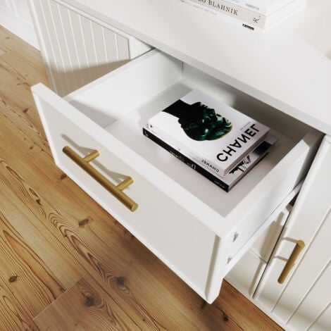 Sideboard Cabinet for Living Room, Chest of Drawers with 2 doors and 3 drawers, Adjustable shelf, White, 40D x 120W x 75H cm