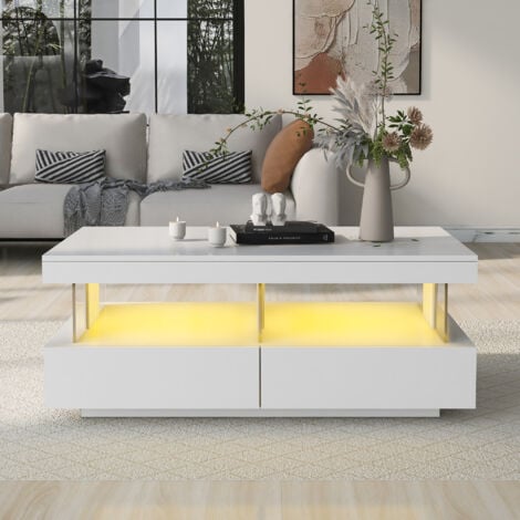 Coffee Table, High Gloss Tea Table with 16-Color LED Lights, 2 Drawers and Open Storage Space, White