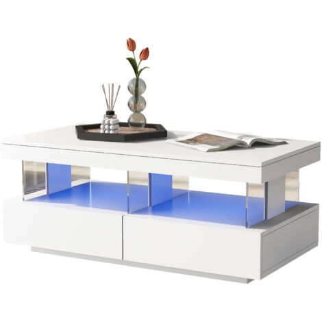 Coffee Table, High Gloss Tea Table with 16-Color LED Lights, 2 Drawers and Open Storage Space, White
