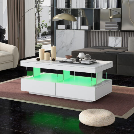 Coffee Table, High Gloss Tea Table with 16-Color LED Lights, 2 Drawers and Open Storage Space, White