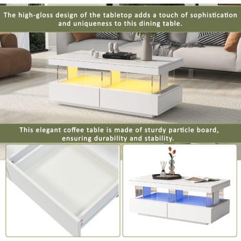 Coffee Table, High Gloss Tea Table with 16-Color LED Lights, 2 Drawers and Open Storage Space, White