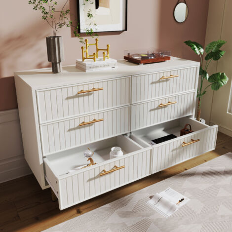 Sideboard Cabinet for Living Room, Chest of Drawers with 6 drawers, White, 40D x 120W x 75H cm