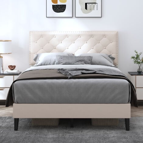 4ft6 Double Upholstered Velvet Bed Frame, with Adjustable Button-Tufted & Riveted Headboard, Velvet Bed Frame with Solid Wood Slat and Mute Foam, 135x190cm, Beige