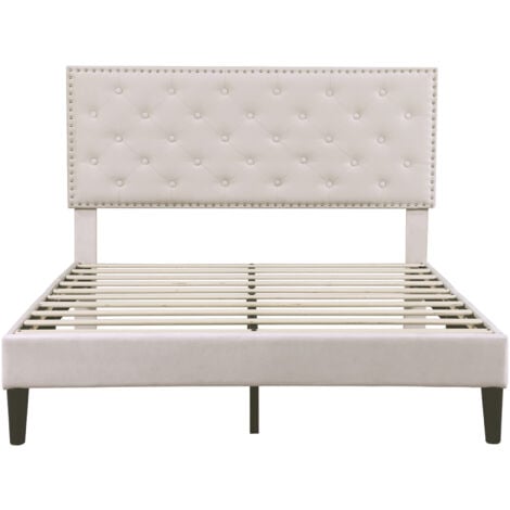 4ft6 Double Upholstered Velvet Bed Frame, with Adjustable Button-Tufted & Riveted Headboard, Velvet Bed Frame with Solid Wood Slat and Mute Foam, 135x190cm, Beige