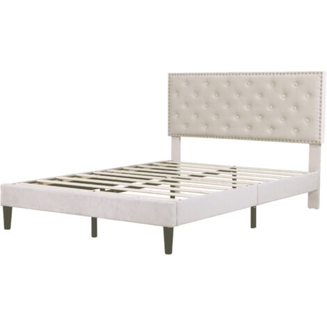 4ft6 Double Upholstered Velvet Bed Frame, with Adjustable Button-Tufted & Riveted Headboard, Velvet Bed Frame with Solid Wood Slat and Mute Foam, 135x190cm, Beige
