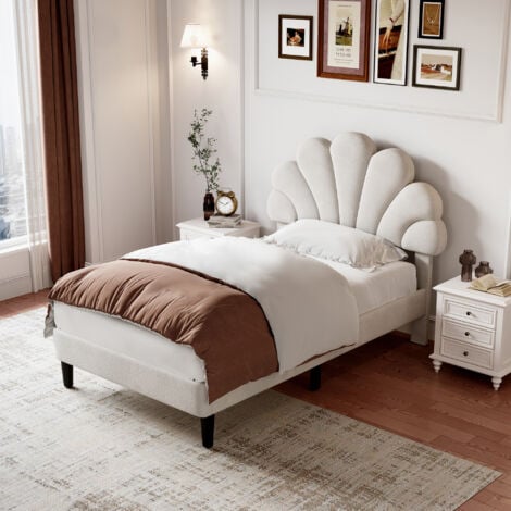 3ft Single Upholstered Velvet Bed Frame, with Adjustable Petal Headboard, Velvet, Beige
