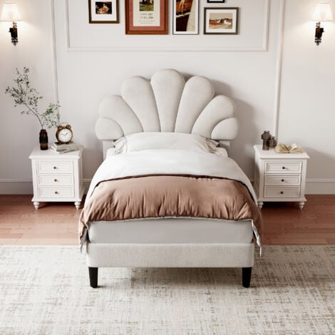 3ft Single Upholstered Velvet Bed Frame, with Adjustable Petal Headboard, Velvet, Beige