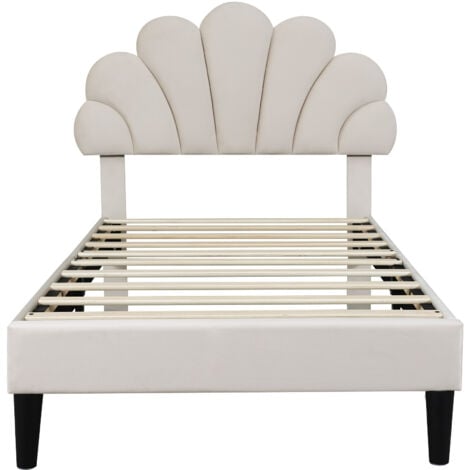 3ft Single Upholstered Velvet Bed Frame, with Adjustable Petal Headboard, Velvet, Beige