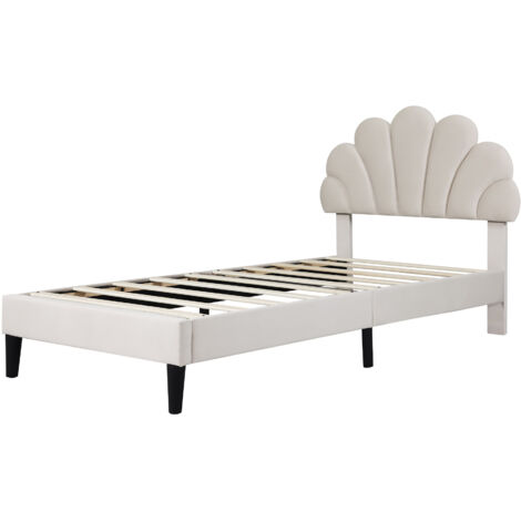 3ft Single Upholstered Velvet Bed Frame, with Adjustable Petal Headboard, Velvet, Beige