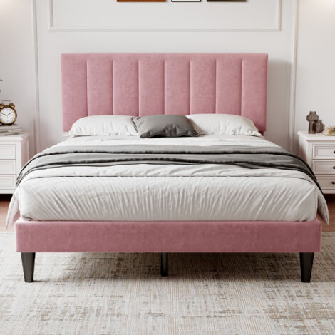 4ft6 Double Upholstered Velvet Bed Frame, Velvet Platform Bed Frame with Solid Wood Slat, 135x190cm, Pink (1/5)