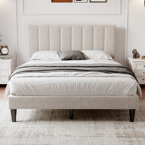 4ft6 Double Upholstered Velvet Bed Frame, Velvet Platform Bed Frame with Solid Wood Slat, 135x190cm, Beige