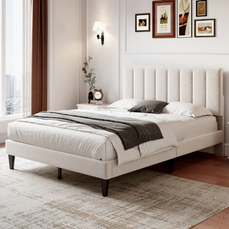4ft6 Double Upholstered Velvet Bed Frame, Velvet Platform Bed Frame with Solid Wood Slat, 135x190cm, Beige