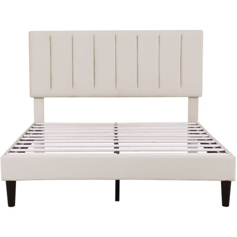 4ft6 Double Upholstered Velvet Bed Frame, Velvet Platform Bed Frame with Solid Wood Slat, 135x190cm, Beige