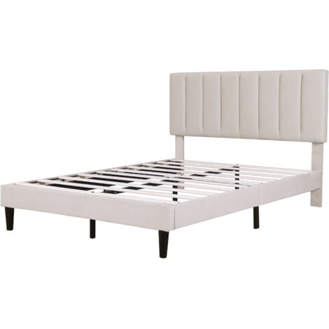 4ft6 Double Upholstered Velvet Bed Frame, Velvet Platform Bed Frame with Solid Wood Slat, 135x190cm, Beige