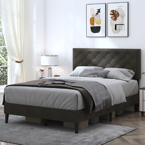 4ft6 Double Upholstered Velvet Bed Frame, with Adjustable Button-Tufted & Riveted Headboard, Velvet Bed Frame with Solid Wood Slat and Mute Foam, 135x190cm, Grey