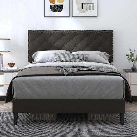 4ft6 Double Upholstered Velvet Bed Frame, with Adjustable Button-Tufted & Riveted Headboard, Velvet Bed Frame with Solid Wood Slat and Mute Foam, 135x190cm, Grey