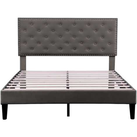 4ft6 Double Upholstered Velvet Bed Frame, with Adjustable Button-Tufted & Riveted Headboard, Velvet Bed Frame with Solid Wood Slat and Mute Foam, 135x190cm, Grey