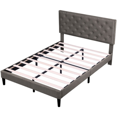 4ft6 Double Upholstered Velvet Bed Frame, with Adjustable Button-Tufted & Riveted Headboard, Velvet Bed Frame with Solid Wood Slat and Mute Foam, 135x190cm, Grey