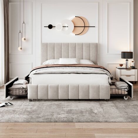 4ft6 Double Upholstered Bed with 4 Drawers, Velvet Platform Bed Frame, Metal-Wood Support, 135x190cm, Beige (No Mattress)