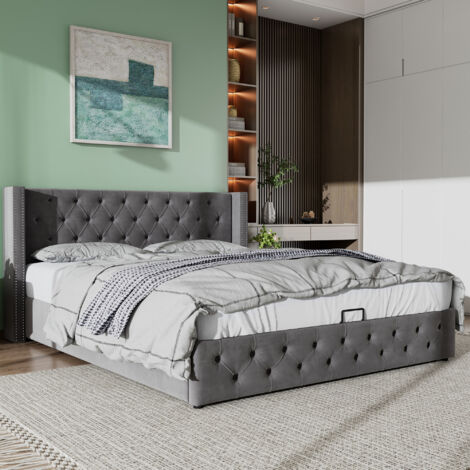 King size Ottoman beds, Upholstered bed, with hydraulic lever, functional bed from storage, 150 x 200 cm, without mattress, velvet, grey