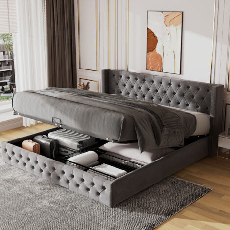 King size Ottoman beds, Upholstered bed, with hydraulic lever, functional bed from storage, 150 x 200 cm, without mattress, velvet, grey