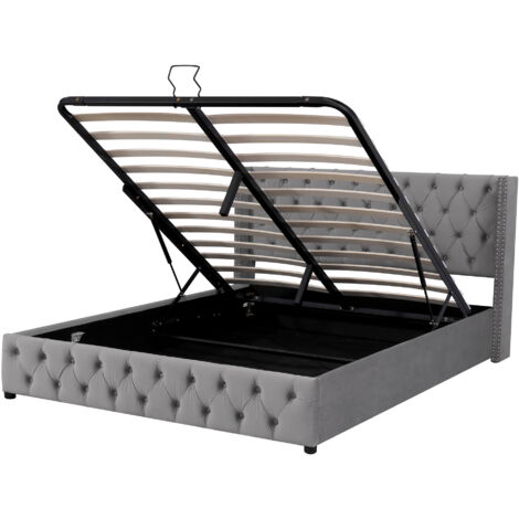 King size Ottoman beds, Upholstered bed, with hydraulic lever, functional bed from storage, 150 x 200 cm, without mattress, velvet, grey