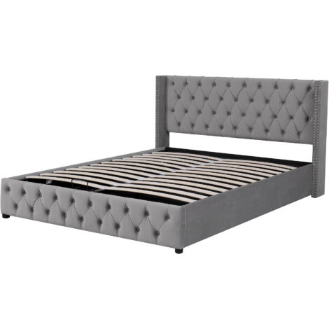 King size Ottoman beds, Upholstered bed, with hydraulic lever, functional bed from storage, 150 x 200 cm, without mattress, velvet, grey