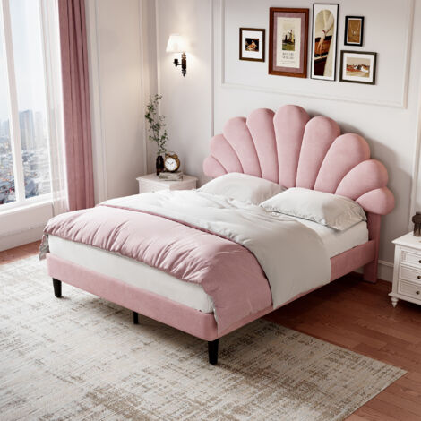 4ft6 Double Upholstered Velvet Bed Frame, with Adjustable Petal Headboard, Velvet, Pink