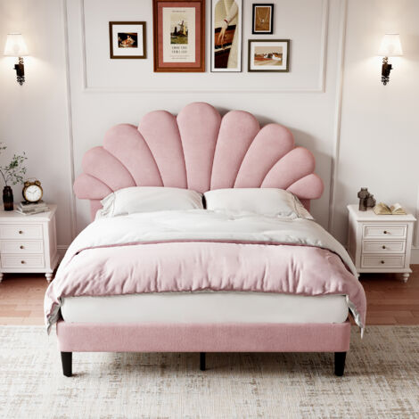 4ft6 Double Upholstered Velvet Bed Frame, with Adjustable Petal Headboard, Velvet, Pink