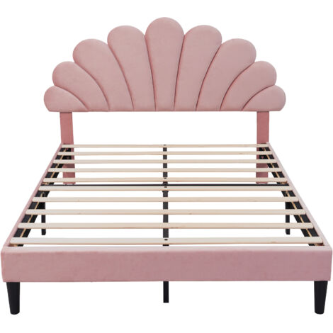 4ft6 Double Upholstered Velvet Bed Frame, with Adjustable Petal Headboard, Velvet, Pink