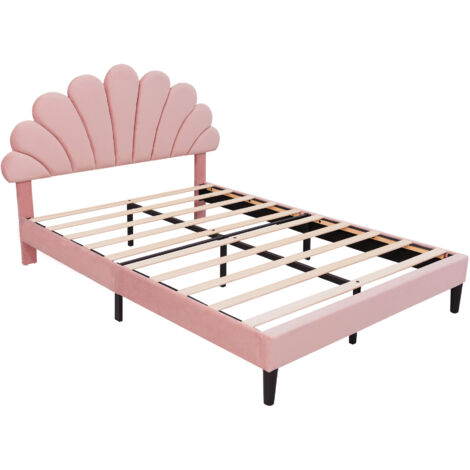 4ft6 Double Upholstered Velvet Bed Frame, with Adjustable Petal Headboard, Velvet, Pink