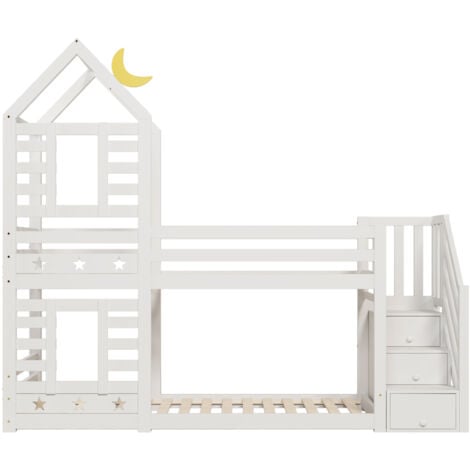 Bunk beds 90x200 cm in solid pine with a slide - 2 slatted bases - White