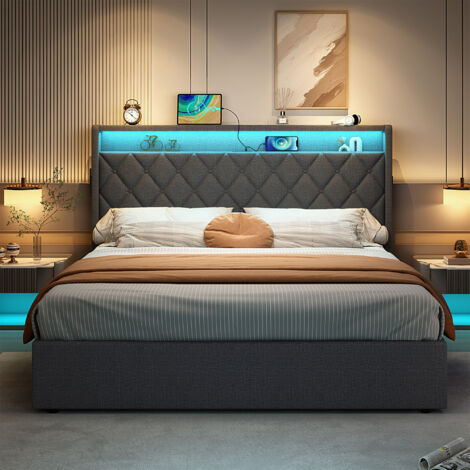 4ft6 Ottoman Bed Double with LED, Linen Upholstered Bed with Button Tufted Storage Headboard with Charging Station, No Box Spring Needed, Grey (No Mattress) (1/5)
