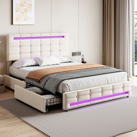 4ft6 Double Upholstered Bed with LED Lighting and 4Drawers, Linen Fabric Storage Bed Frame with Adjustable Button Tufted Headboard, Easy Assembly, Beige (No Mattress)