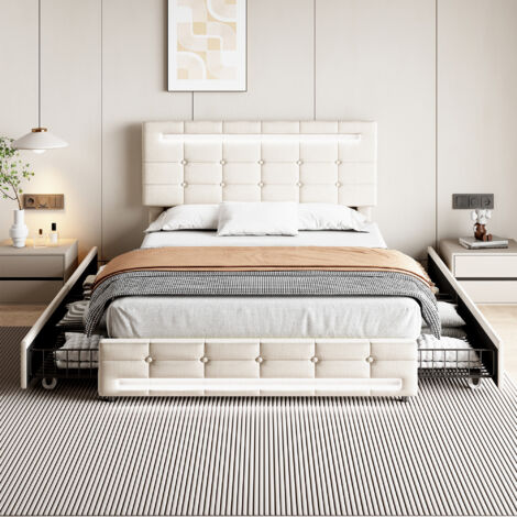 4ft6 Double Upholstered Bed with LED Lighting and 4Drawers, Linen Fabric Storage Bed Frame with Adjustable Button Tufted Headboard, Easy Assembly, Beige (No Mattress)