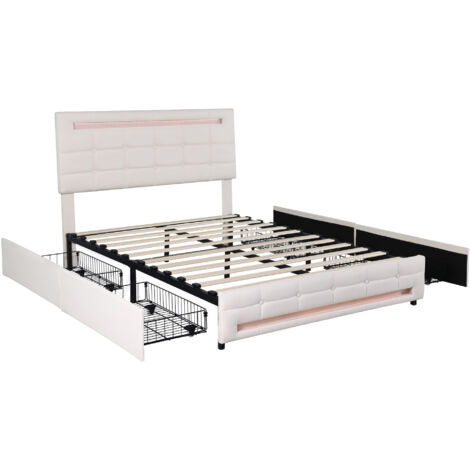 4ft6 Double Upholstered Bed with LED Lighting and 4Drawers, Linen Fabric Storage Bed Frame with Adjustable Button Tufted Headboard, Easy Assembly, Beige (No Mattress)