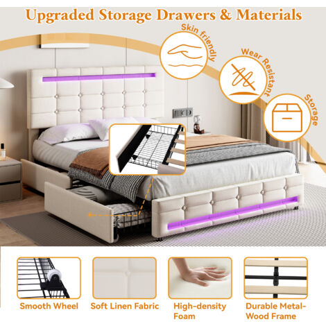 4ft6 Double Upholstered Bed with LED Lighting and 4Drawers, Linen Fabric Storage Bed Frame with Adjustable Button Tufted Headboard, Easy Assembly, Beige (No Mattress)