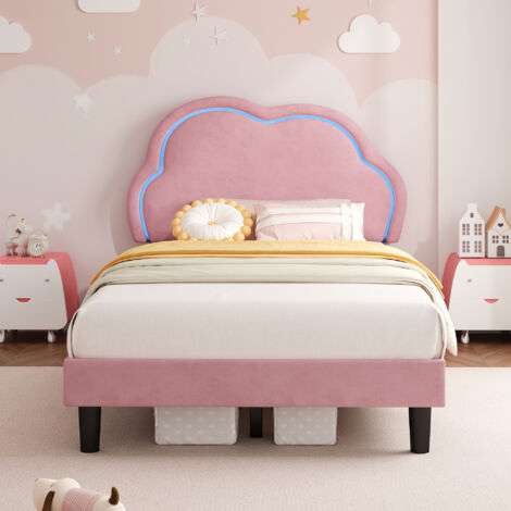 3ft Single Upholstered Bed with LED Adjustable Cloud Headboard, Soft Velvet, Solid Wood Slat, No Box Spring Needed, Pink, 90x190cm (No Mattress)