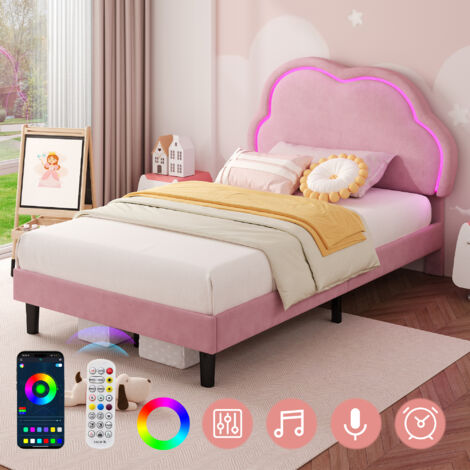3ft Single Upholstered Bed with LED Adjustable Cloud Headboard, Soft Velvet, Solid Wood Slat, No Box Spring Needed, Pink, 90x190cm (No Mattress)