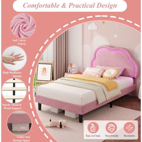 3ft Single Upholstered Bed with LED Adjustable Cloud Headboard, Soft Velvet, Solid Wood Slat, No Box Spring Needed, Pink, 90x190cm (No Mattress)