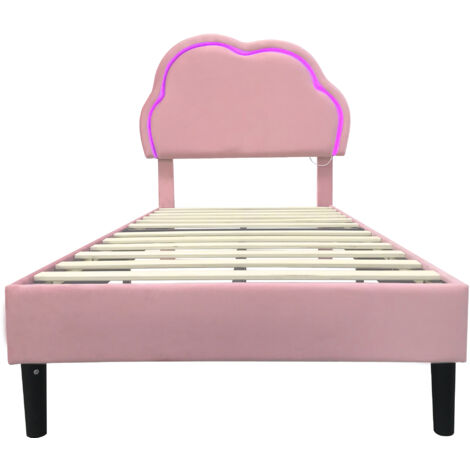 3ft Single Upholstered Bed with LED Adjustable Cloud Headboard, Soft Velvet, Solid Wood Slat, No Box Spring Needed, Pink, 90x190cm (No Mattress)