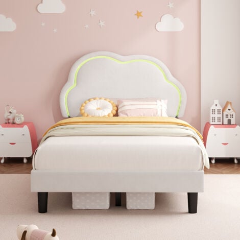 3ft Single Upholstered Bed with LED Adjustable Cloud Headboard, Soft Velvet, Solid Wood Slat, No Box Spring Needed, Cream White, 90x190cm (No Mattress)