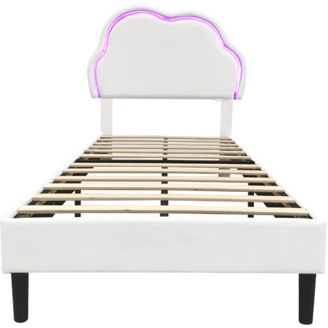 3ft Single Upholstered Bed with LED Adjustable Cloud Headboard, Soft Velvet, Solid Wood Slat, No Box Spring Needed, Cream White, 90x190cm (No Mattress)
