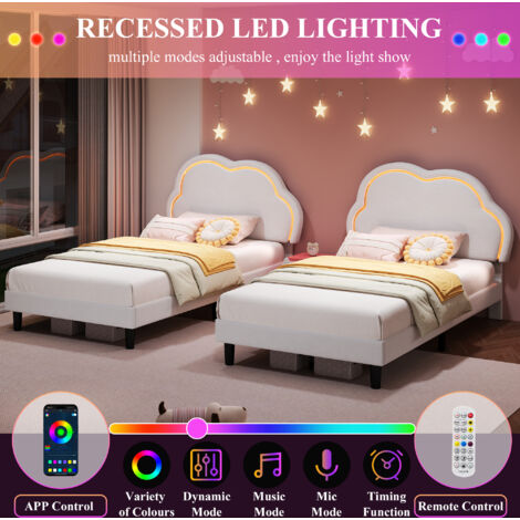 3ft Single Upholstered Bed with LED Adjustable Cloud Headboard, Soft Velvet, Solid Wood Slat, No Box Spring Needed, Cream White, 90x190cm (No Mattress)